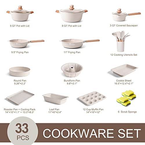 Pots and Pans Set - Nonstick Kitchen Cookware + Bakeware Set Granite Kitchenware Set, Induction Cookware Sets with Frying Pan Stockpot Saucepan Basket Cookie Sheet and Baking Pans for Cooking Gift