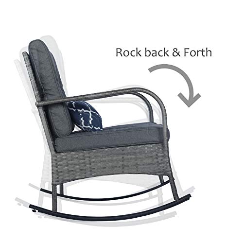 FUNKOCO 3 Pieces Patio PE Rattan Conversation Chair Set, Outdoor Furniture Rocking Chair Set with Water-Proof Cushion&Coffee Table for Garden,Backyard and Porch (Dark Grey)