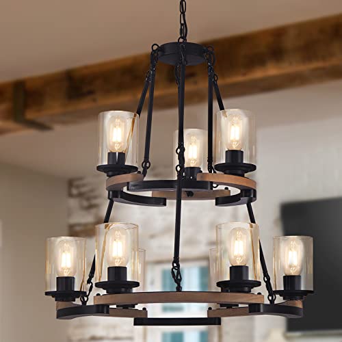 Fabulis 9-Light Wagon Wheel Chandelier, Farmhouse Dining Room Light Fixtures, Vintage Wood Light Chandeliers for Entryway Living Room Bedroom Foyer Hallway (9-Light/Wood, with Glass Shade)