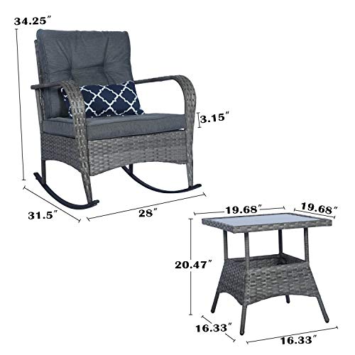 FUNKOCO 3 Pieces Patio PE Rattan Conversation Chair Set, Outdoor Furniture Rocking Chair Set with Water-Proof Cushion&Coffee Table for Garden,Backyard and Porch (Dark Grey)
