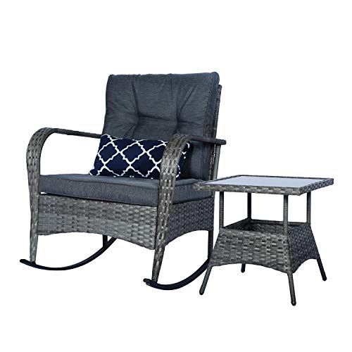 FUNKOCO 3 Pieces Patio PE Rattan Conversation Chair Set, Outdoor Furniture Rocking Chair Set with Water-Proof Cushion&Coffee Table for Garden,Backyard and Porch (Dark Grey)