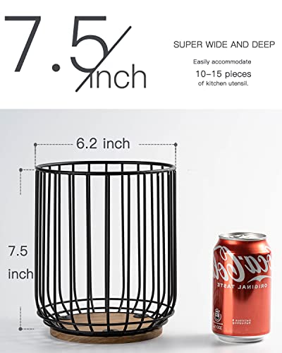 getstar Kitchen Utensil Holder, Large Wire Utensil Holder for Kitchen Counter (W6.2” x H7.5”) with Acacia Base