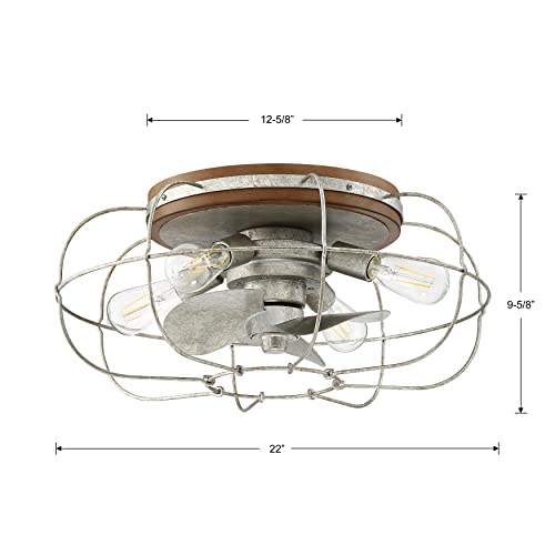 Arranmore Lighting | Jaxon - Galvanized | Farmhouse Caged Ceiling Fan with Light - Flush Mount Ceiling Fan with Lights - Industrial Ceiling Fan with Remote