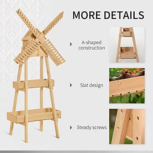 Outsunny Outdoor Plant Stand, 2 Tier Wood Flower Stand with Windmill, Garden Decor Plant Shelf with Built-in Mini Bird House, Great for Indoor/Outdoor