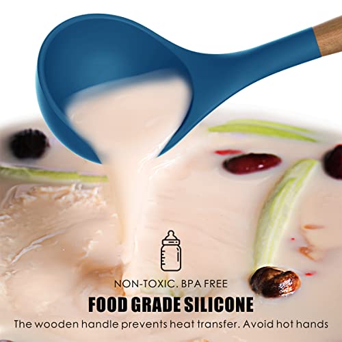 14 Pcs Silicone Cooking Utensils Kitchen Utensil Set - 446°F Heat Resistant,Turner Tongs,Spatula,Spoon,Brush,Whisk, Wooden Handles Blue Kitchen Gadgets Tools Set for Nonstick Cookware (BPA Free)