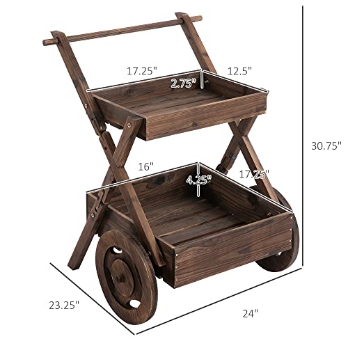 Outsunny Outdoor Plant Stand 2-Tier Wooden Flower Stand/Bed with Wheels and Handle to Grow Vegetables, Herbs, for Patio Balcony Greenhouse Outdoor and Indoor Gardening