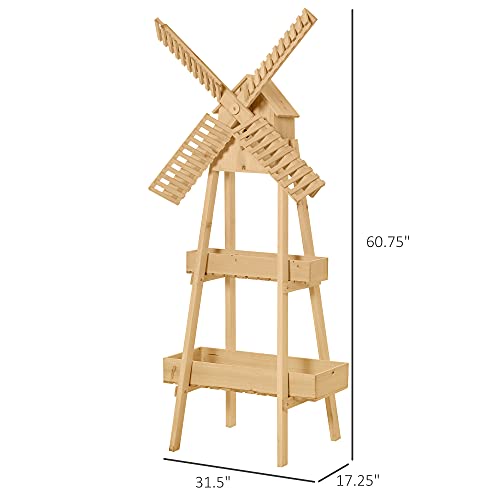 Outsunny Outdoor Plant Stand, 2 Tier Wood Flower Stand with Windmill, Garden Decor Plant Shelf with Built-in Mini Bird House, Great for Indoor/Outdoor