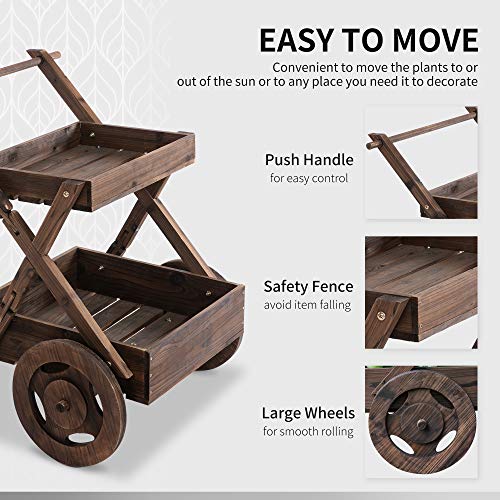 Outsunny Outdoor Plant Stand 2-Tier Wooden Flower Stand/Bed with Wheels and Handle to Grow Vegetables, Herbs, for Patio Balcony Greenhouse Outdoor and Indoor Gardening