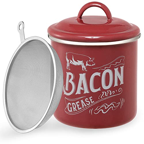 AuldHome Grease Container, White Enamelware Bacon Grease Can with Strainer, Farmhouse Style, Keto-Friendly