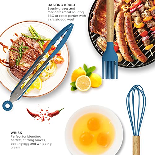 14 Pcs Silicone Cooking Utensils Kitchen Utensil Set - 446°F Heat Resistant,Turner Tongs,Spatula,Spoon,Brush,Whisk, Wooden Handles Blue Kitchen Gadgets Tools Set for Nonstick Cookware (BPA Free)