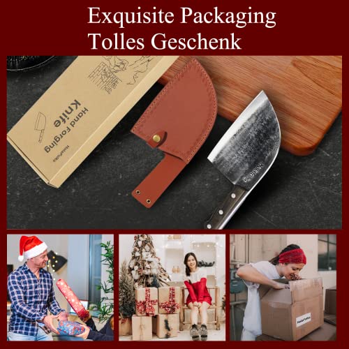 HolaFolks Serbian Chef Knife, Anti-Rust Oil Coating Kitchen Cooking Knife with Sheath, Dividing Knife Hand Forged High Carbon Steel Butcher Knife for Home Kitchen Restaurant Cooking Camping