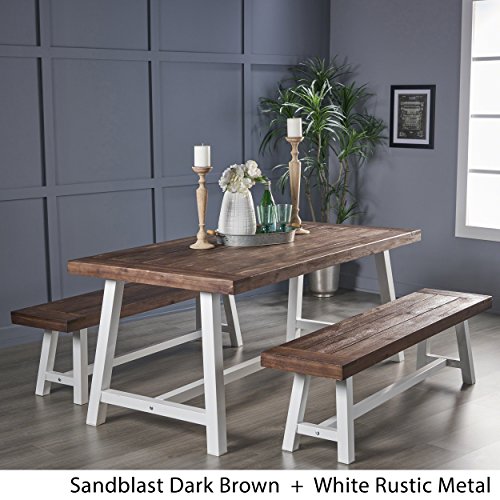 Great Deal Furniture Cytheria Indoor Farmhouse 3 Piece Acacia Wood Picnic Set Finish Frame, Sandblast Dark Brown + White Rustic Metal