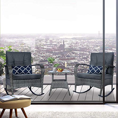 FUNKOCO 3 Pieces Patio PE Rattan Conversation Chair Set, Outdoor Furniture Rocking Chair Set with Water-Proof Cushion&Coffee Table for Garden,Backyard and Porch (Dark Grey)