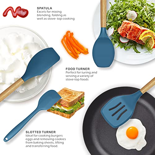 14 Pcs Silicone Cooking Utensils Kitchen Utensil Set - 446°F Heat Resistant,Turner Tongs,Spatula,Spoon,Brush,Whisk, Wooden Handles Blue Kitchen Gadgets Tools Set for Nonstick Cookware (BPA Free)
