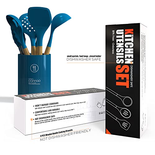 14 Pcs Silicone Cooking Utensils Kitchen Utensil Set - 446°F Heat Resistant,Turner Tongs,Spatula,Spoon,Brush,Whisk, Wooden Handles Blue Kitchen Gadgets Tools Set for Nonstick Cookware (BPA Free)
