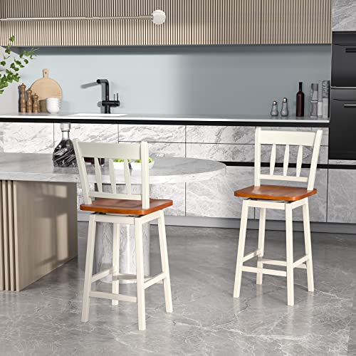 COSTWAY Bar Stools Set of 2, 24.5 Inch Rubber Wood Bar Chairs with 360°Swiveling, Footrest, Swivel Counter Height Barstools Ideal for Kitchen Island, Counter, Pub or Bar (2, White)