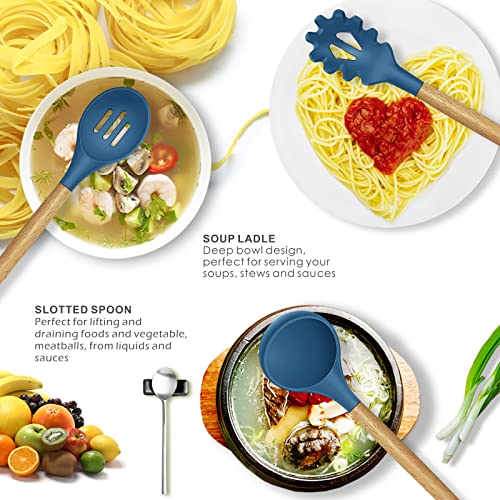 14 Pcs Silicone Cooking Utensils Kitchen Utensil Set - 446°F Heat Resistant,Turner Tongs,Spatula,Spoon,Brush,Whisk, Wooden Handles Blue Kitchen Gadgets Tools Set for Nonstick Cookware (BPA Free)