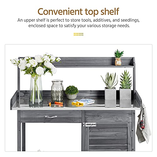 Yaheetech Potting Bench Outdoor Potting Table W/Cabinet Drawer Open Shelf W/Metal Tabletop Solid Wood Work Station W/Top Shelf & Lower Shelf Gray
