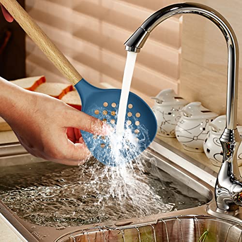 14 Pcs Silicone Cooking Utensils Kitchen Utensil Set - 446°F Heat Resistant,Turner Tongs,Spatula,Spoon,Brush,Whisk, Wooden Handles Blue Kitchen Gadgets Tools Set for Nonstick Cookware (BPA Free)