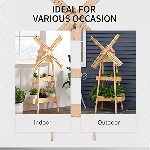 Outsunny Outdoor Plant Stand, 2 Tier Wood Flower Stand with Windmill, Garden Decor Plant Shelf with Built-in Mini Bird House, Great for Indoor/Outdoor