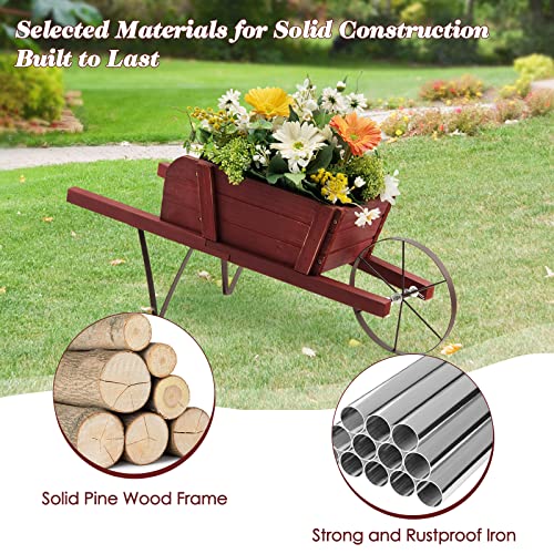 S AFSTAR Wood Wheelbarrow Planter, Flower Plant Pot Wheelbarrow Cart w/Metal Wheel & 9 Replaceable Magnet Accessories, Wooden Wagon Planter Wheelbarrow Decor for Outdoor Garden Backyard (Red)