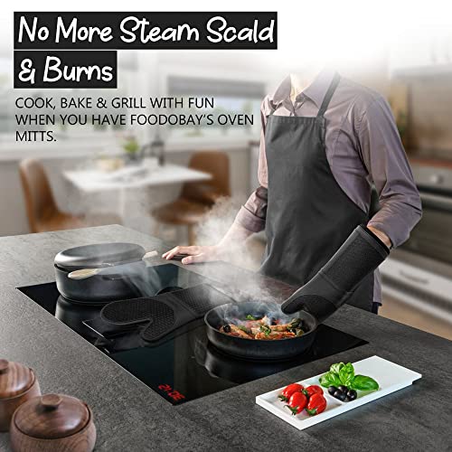 FoodoBay Silicone Oven Mitts - Jet Black Oven Mitts Heat Resistant 500F - Grippy Design, Soft Lining Silicone Oven Gloves - Oven Mits Set for Cooking Baking Kitchen Mittens Pot Holders (with E-Book)