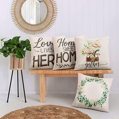 Jelomax Farmhouse Throw Pillow Covers Decorative Summer Spring Wreath Leaves Flowers Decorations 18x18 Inches Set of 4 Decor for Bed Home Linen Couch Sofa Living Room (Green and Beige)