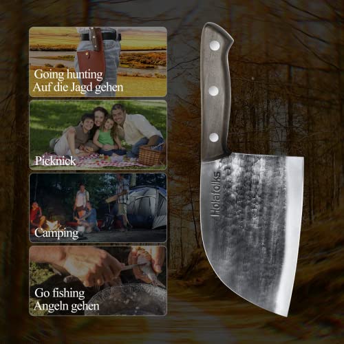 HolaFolks Serbian Chef Knife, Anti-Rust Oil Coating Kitchen Cooking Knife with Sheath, Dividing Knife Hand Forged High Carbon Steel Butcher Knife for Home Kitchen Restaurant Cooking Camping