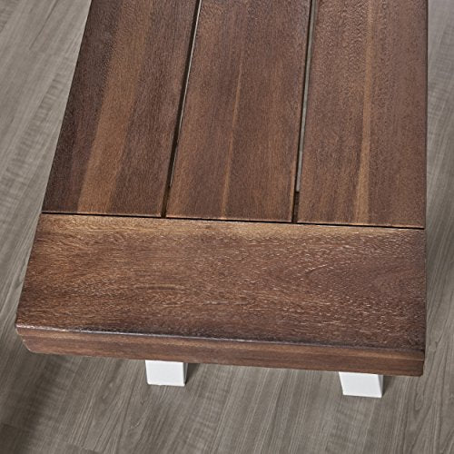Great Deal Furniture Cytheria Indoor Farmhouse 3 Piece Acacia Wood Picnic Set Finish Frame, Sandblast Dark Brown + White Rustic Metal