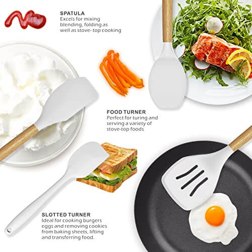 14 Pcs Silicone Cooking Utensils Kitchen Utensil Set - 446°F Heat Resistant,Turner Tongs, Spatula, Spoon, Brush, Whisk, Wooden Handle Kitchen Gadgets with Holder for Nonstick Cookware (BPA FREE) White