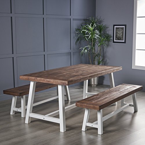 Great Deal Furniture Cytheria Indoor Farmhouse 3 Piece Acacia Wood Picnic Set Finish Frame, Sandblast Dark Brown + White Rustic Metal