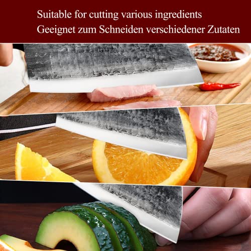 HolaFolks Serbian Chef Knife, Anti-Rust Oil Coating Kitchen Cooking Knife with Sheath, Dividing Knife Hand Forged High Carbon Steel Butcher Knife for Home Kitchen Restaurant Cooking Camping