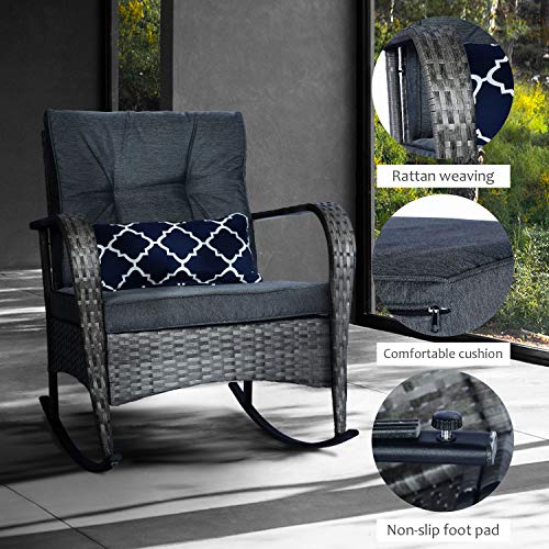 FUNKOCO 3 Pieces Patio PE Rattan Conversation Chair Set, Outdoor Furniture Rocking Chair Set with Water-Proof Cushion&Coffee Table for Garden,Backyard and Porch (Dark Grey)