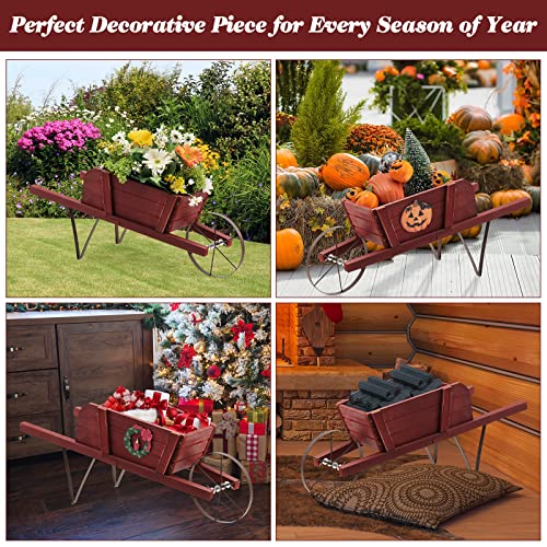 S AFSTAR Wood Wheelbarrow Planter, Flower Plant Pot Wheelbarrow Cart w/Metal Wheel & 9 Replaceable Magnet Accessories, Wooden Wagon Planter Wheelbarrow Decor for Outdoor Garden Backyard (Red)