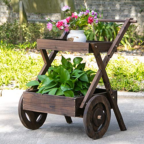 Outsunny Outdoor Plant Stand 2-Tier Wooden Flower Stand/Bed with Wheels and Handle to Grow Vegetables, Herbs, for Patio Balcony Greenhouse Outdoor and Indoor Gardening