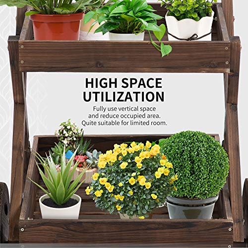 Outsunny Outdoor Plant Stand 2-Tier Wooden Flower Stand/Bed with Wheels and Handle to Grow Vegetables, Herbs, for Patio Balcony Greenhouse Outdoor and Indoor Gardening