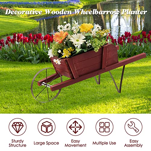 S AFSTAR Wood Wheelbarrow Planter, Flower Plant Pot Wheelbarrow Cart w/Metal Wheel & 9 Replaceable Magnet Accessories, Wooden Wagon Planter Wheelbarrow Decor for Outdoor Garden Backyard (Red)