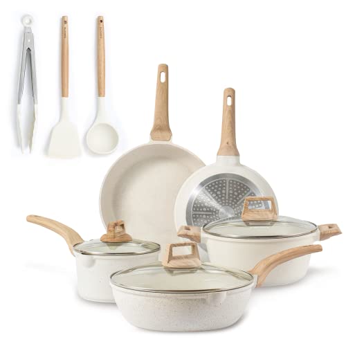 CAROTE Nonstick Pots and Pans Set, White Granite Induction Cookware Sets, 11 Pcs Kitchen Essentials Non Stick Cooking Set with Frying Pans & Saucepans(PFOS, PFOA Free)