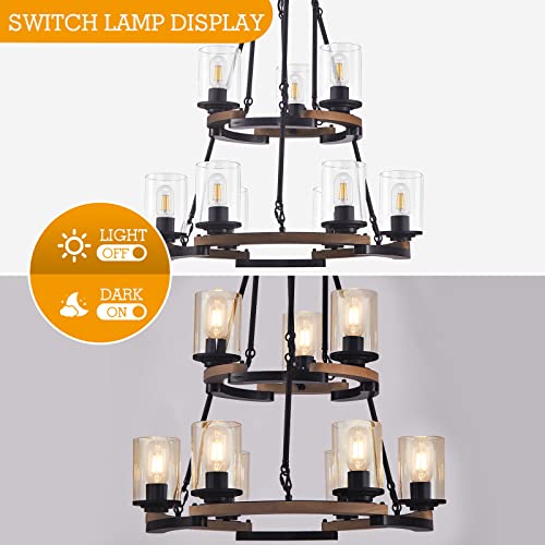 Fabulis 9-Light Wagon Wheel Chandelier, Farmhouse Dining Room Light Fixtures, Vintage Wood Light Chandeliers for Entryway Living Room Bedroom Foyer Hallway (9-Light/Wood, with Glass Shade)