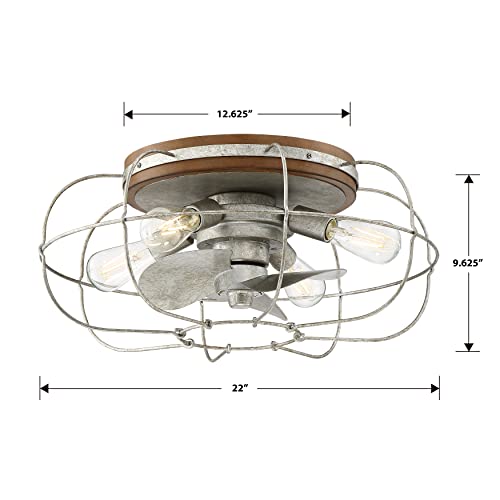 Arranmore Lighting | Jaxon - Galvanized | Farmhouse Caged Ceiling Fan with Light - Flush Mount Ceiling Fan with Lights - Industrial Ceiling Fan with Remote