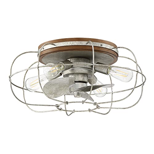 Arranmore Lighting | Jaxon - Galvanized | Farmhouse Caged Ceiling Fan with Light - Flush Mount Ceiling Fan with Lights - Industrial Ceiling Fan with Remote