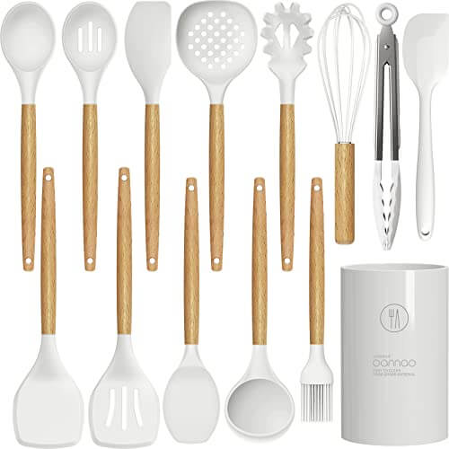 14 Pcs Silicone Cooking Utensils Kitchen Utensil Set - 446°F Heat Resistant,Turner Tongs, Spatula, Spoon, Brush, Whisk, Wooden Handle Kitchen Gadgets with Holder for Nonstick Cookware (BPA FREE) White
