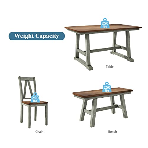 6-Piece Farmhouse Style Dining Table Set with 4 Chairs, Rectangular Table  with Long Bench and 4 Dining Chairs, Rustic Farmhouse Solid Wood Dining  Room Set for Small Places