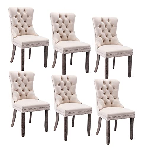 Rhomtree Set of 6 Velvet Fabric Dining Chairs Luxury Tufted Back with Nailed Trim and Back Ring Pull Home Kitchen Dining Room Chairs Armless Side Chairs Solid Rubber Wood Legs (Beige)