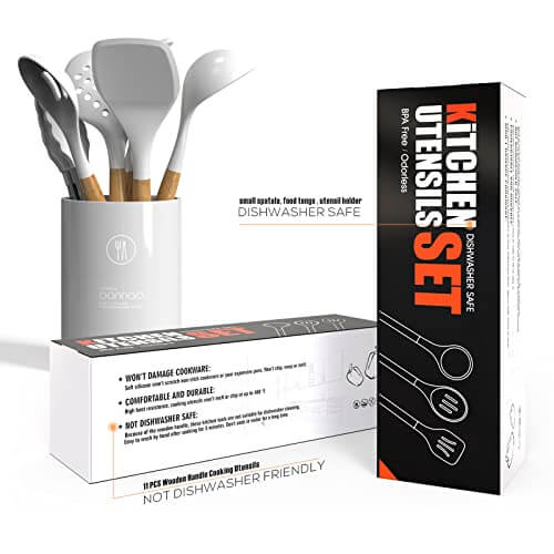 14 Pcs Silicone Cooking Utensils Kitchen Utensil Set - 446°F Heat Resistant,Turner Tongs, Spatula, Spoon, Brush, Whisk, Wooden Handle Kitchen Gadgets with Holder for Nonstick Cookware (BPA FREE) White