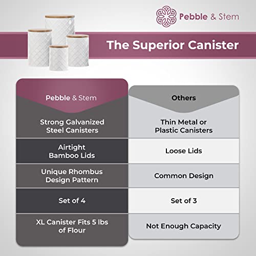 Pebble & Stem White Canister Sets for Kitchen Counter, Kitchen Canisters Set of 4, Airtight Countertop Flour and Sugar Containers, Coffee and Tea Storage, Modern Farmhouse Kitchen Decor, Metal