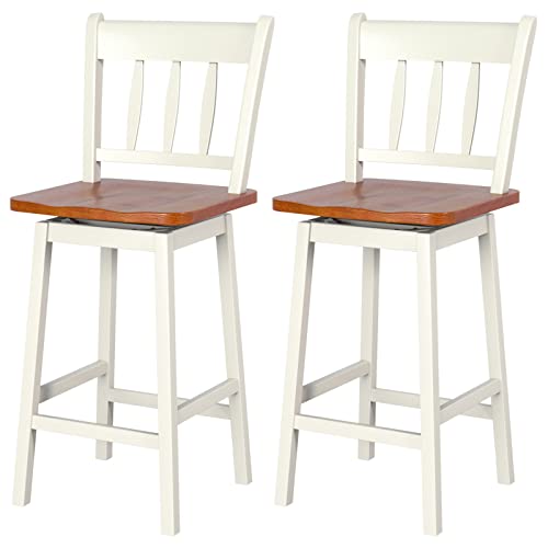 COSTWAY Bar Stools Set of 2, 24.5 Inch Rubber Wood Bar Chairs with 360°Swiveling, Footrest, Swivel Counter Height Barstools Ideal for Kitchen Island, Counter, Pub or Bar (2, White)