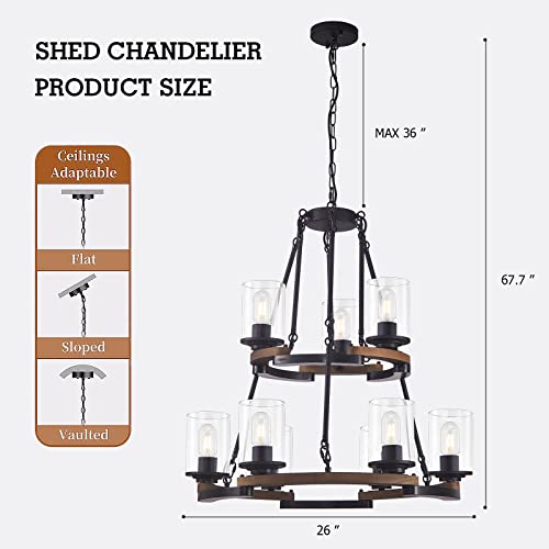 Fabulis 9-Light Wagon Wheel Chandelier, Farmhouse Dining Room Light Fixtures, Vintage Wood Light Chandeliers for Entryway Living Room Bedroom Foyer Hallway (9-Light/Wood, with Glass Shade)