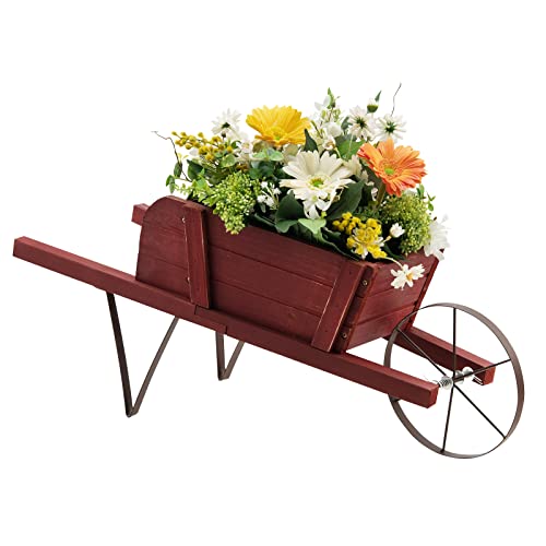 S AFSTAR Wood Wheelbarrow Planter, Flower Plant Pot Wheelbarrow Cart w/Metal Wheel & 9 Replaceable Magnet Accessories, Wooden Wagon Planter Wheelbarrow Decor for Outdoor Garden Backyard (Red)