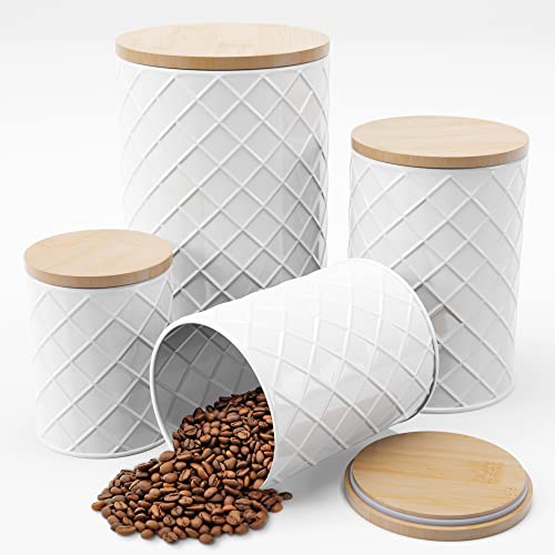 Pebble & Stem White Canister Sets for Kitchen Counter, Kitchen Canisters Set of 4, Airtight Countertop Flour and Sugar Containers, Coffee and Tea Storage, Modern Farmhouse Kitchen Decor, Metal